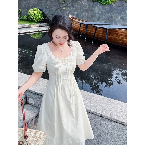 빅사이즈원피스 쉬폰원피스 지컷원피스 홈 플러스 사이즈 여성 프렌치 프레스 플리츠 허리 롱 스커트 지방 mm 여름 레이스 스퀘어 칼라 기질 드레스 만나기