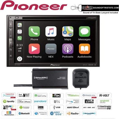 Pioneer AVH 2550 NEX 6.8인치 DVD 수신기 Apple Carplay Android Auto 포함 블루투스 Sirius XM 튜너 번들 3 스테이트 레인야드