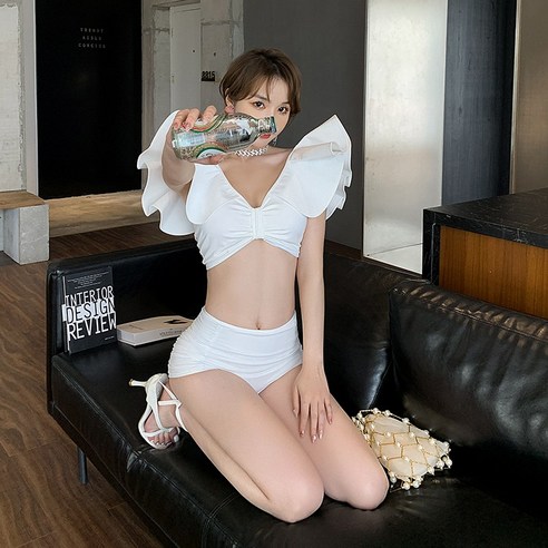 DFMEI 수영복 레트로 뜬 옷깃 높은 허리 보수당 수영복, DFMEI 화이트