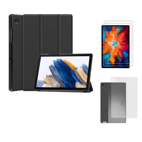 갤럭시탭A8 2022 10.5인치 지케이 북커버 케이스 x200 x205, 블랙+강화유리2매+후면쉴드1매