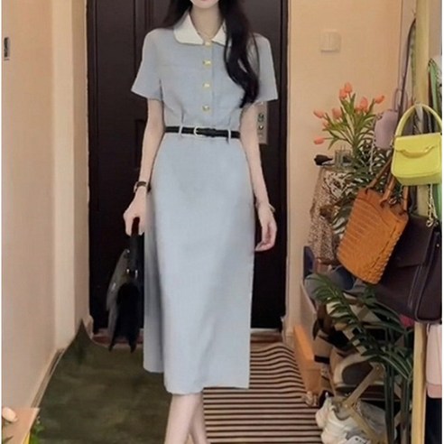 [SaleNOWㅣ인기상품] 카라넥 허리 벨트 고급 롱 원피스: 품위와 날씬함의 완벽한 조화 [세일나우ㅣ추천상품]