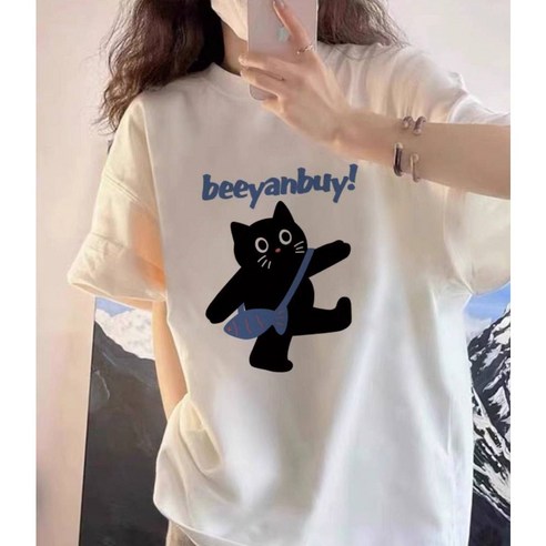티니플럼모드 오버사이즈 박시핏 고양이 프린팅 반팔 티셔츠 캐주얼 라운드넥