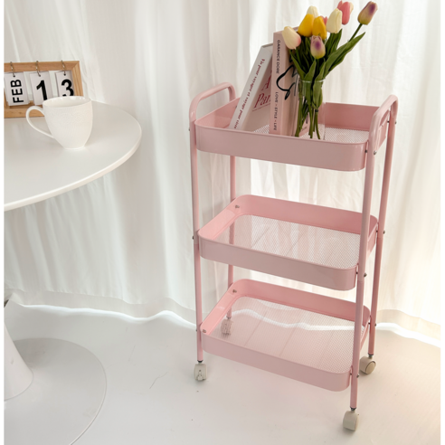 STAR UP 이동식 트롤리 튼튼한 선반 철제, 핑크, 3단