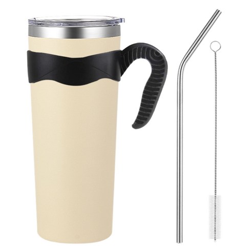 대용량 텀블러 850ml + 손잡이 + 스텐 빨대 + 세척솔 세트 보온 보냉 스텐 물병 보온병 보냉병 핸들 냉텀블러 리유저블 아이스 콜드컵 휴대용, 1세트, R99866M(베이지