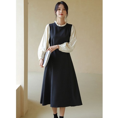 [쿠팡] 여성스러운 레이스 카라 긴팔 롱원피스 데이트룩 가을 치마