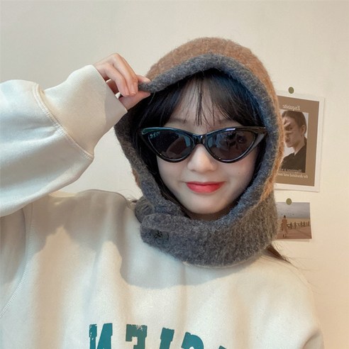 하이유니 포근 골지 니트 후드 넥 워머 바라클라바, 베이지, 1개