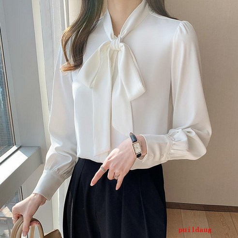 puildaug 봄 새로운 화이트 활 리본 셔츠 여자의 긴 소매 활 셔츠