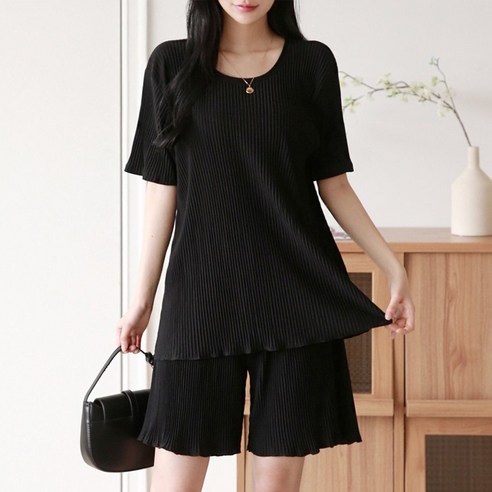 유야 여성용 빅사이즈 가볍고 시원한 무지 스판 플리츠 반팔 티셔츠 밴딩 반바지 세트 주름 5부 팬츠 투피스 셋업 바캉스 휴양지 PST0378루즈핏 오버핏 여성의류