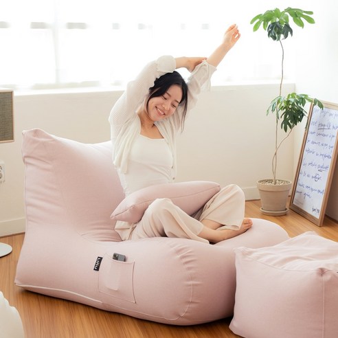LINU 리누 체어 빈백 대형 1인 쇼파 북유럽스타일 의자 + 캔디쿠션, 크림 핑크
