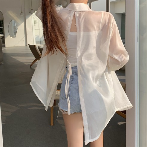 쪼예 비치 쉬폰 백스트랩 시스루 루즈핏 긴팔 셔츠