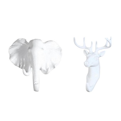 2pcs 장식 후크 수지 벽 동물 머리 모양 코트 후크 흰 모자, 화이트, 천연 수지