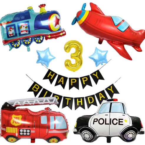 파파 파티 소방차 경찰차 자동차 비행기 생일 가랜드 숫자 풍선 세트, 1세트, 가랜드+숫자 3