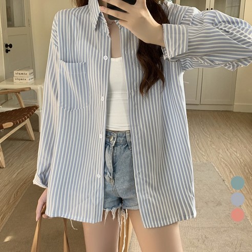 라라벨 여성용 셔츠 카라넥 파스텔톤 스트라이프 패턴 캐쥬얼 레이어드 긴팔 데일리 셔츠