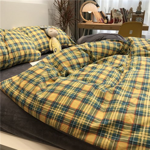 houndstooth 북유럽 미니멀리스트 침대 피스 샌딩 이불 커버 시트 세척 면화 숙박 시설의, 1.2m 쓰리피스 슈트(기숙사 침대), 맹세 - 주황색 b
