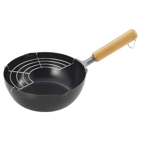 요시카와 뉴 고메 파워 나무손잡이 볶음 겸용 튀김냄비, 블랙, 1개, 24cm