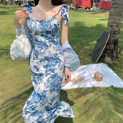 여름 프렌치 빈티지 플라워 나시 롱 스커트 느낌 허리 여밈 슬림 원피스