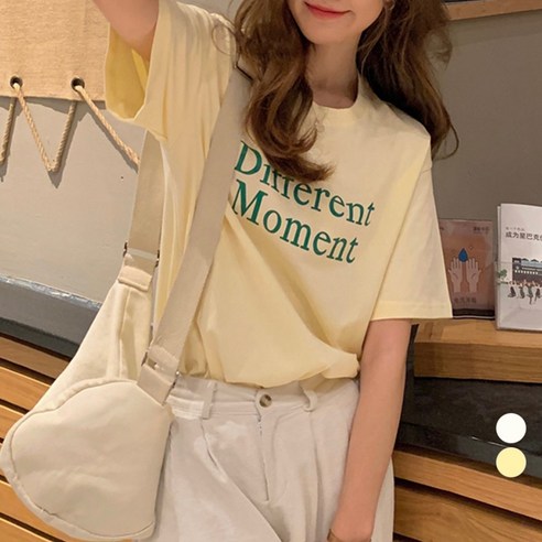 라라벨 여성용 티셔츠 심플 데일리 영문 레터링 라운드넥 베이직 반팔 티셔츠