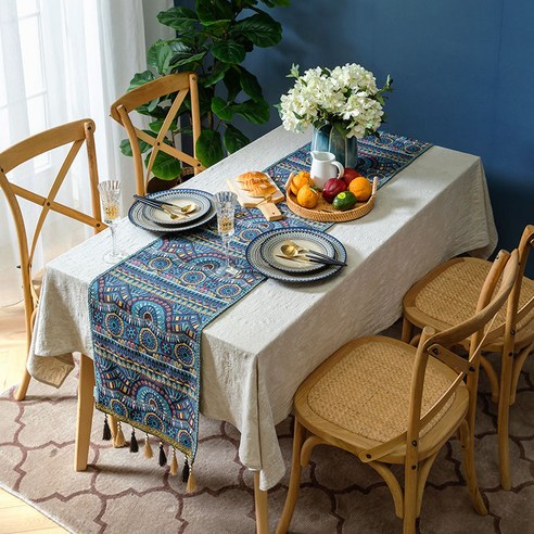 KORELAN 문예 복고 바 카페 식당 미백색 식탁보 동남아 민족풍 식탁기 탁자 탁자 천, 남아시아 블루 테이블 깃발