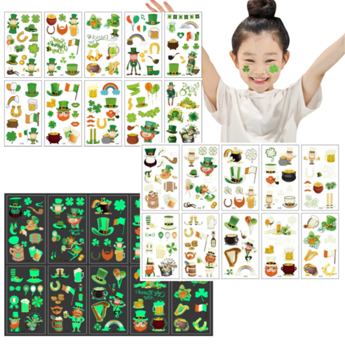 클로버 어린이 타투 스티커 20종 야광 세잎 네잎 행운 문신 타투스티커 소품 마스크 꾸미기 스티커, 1개