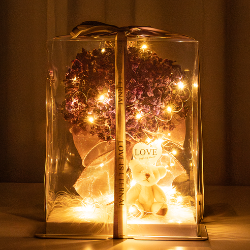 라운드오프 "1000일 동안" 시들지 않는 LED 보존화 꽃다발, 안개꽃 퍼플