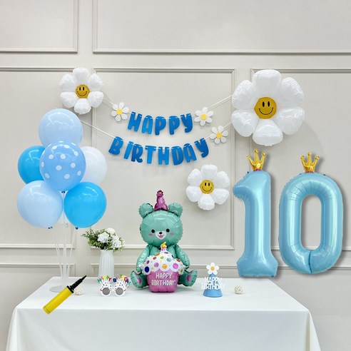 연지마켓 데이지 곰돌이 생일 파티 숫자 풍선 가랜드 세트, 10, 1세트, 베어 블루 10