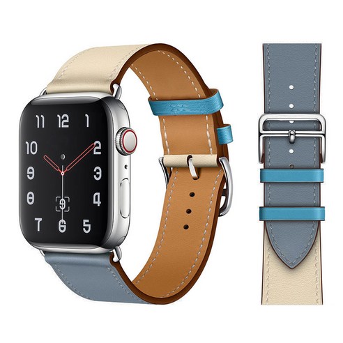 100% 정품 소가죽 iWatch 루프 팔찌 밴드 Watch 7 6 SE 5 4 41mm/45mm iWatch 6 5 4 호환 44mm/40mm 38mm/42mm, Blue Lin Craie, 38mm/40mm/41mm