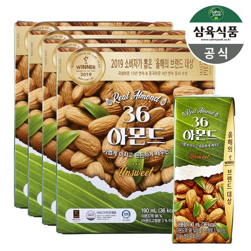 삼육식품 36 아몬드 언스위트 190ml, 190ml, 64개