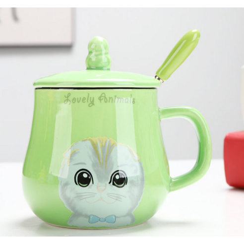 CNciyun캐릭터 컵 심플 오피스 물컵 도자기 컵 머그컵 커플 커피 잔, 녹색 고양이 새끼