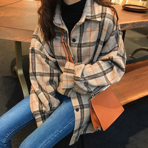 더블유 여성 빈티지 루즈핏 체크 긴팔 셔츠