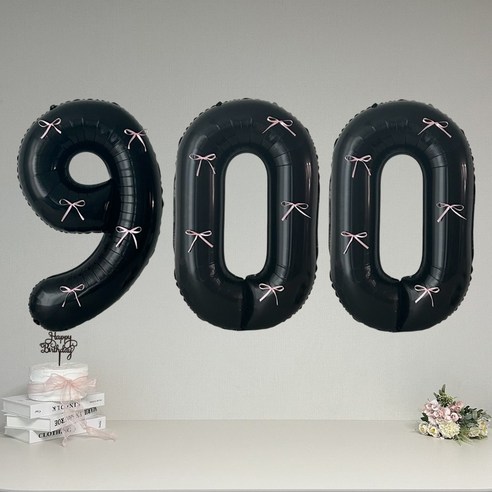 연지마켓 블랙 대형 숫자 풍선 리본 기념일 생일, 1개, 핑크리본 + 블랙숫자 900