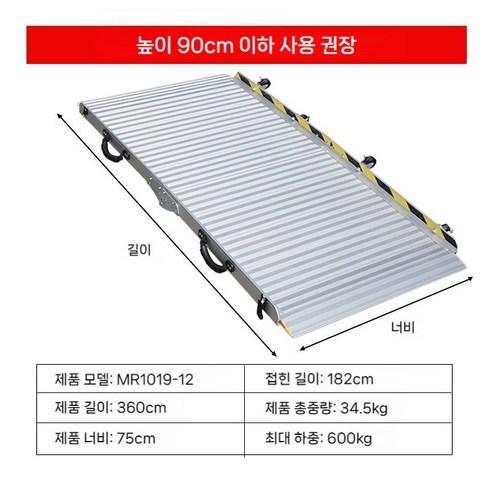 접이식 진입판 휠체어 휴대용 계단 경사로 문턱 오토바이 장애인 경사판 발판, 360x 75cm (접이식) 휠체어/휠체어용품