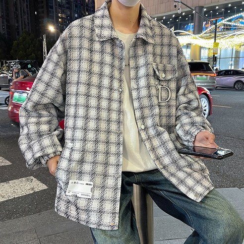 지디오 나티M 남성 트위드 자켓 포켓 체크 무늬 카라넥 점퍼 아우터 셔츠자켓 남자트위드점퍼 봄 겨울