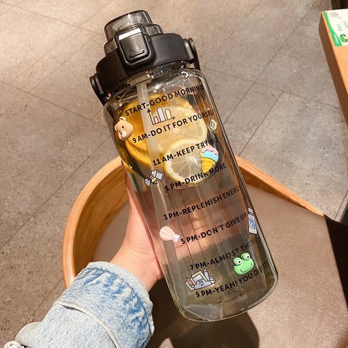 [SW] 2L 대용량 물병 밀짚 컵 고온 플라스틱 물 컵 시간 규모 서리로 덥은 야외 스포츠 커플 컵, 색깔14, 2L   64OZ