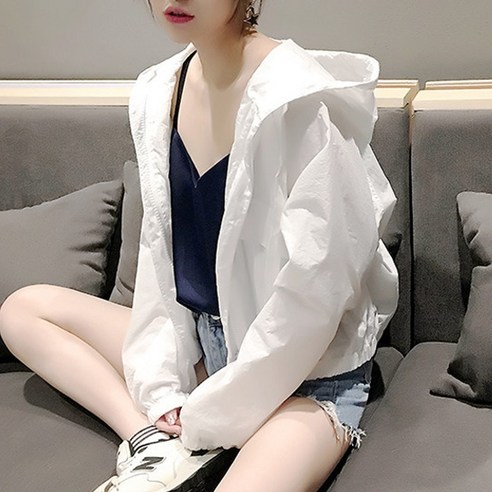 DFMEI 긴팔 선 스크린 셔츠 여성 여름 다목적 느슨한 짧은 코트 패션 브랜드 디자인 카디건 얇은 코트, DFMEI 화이트