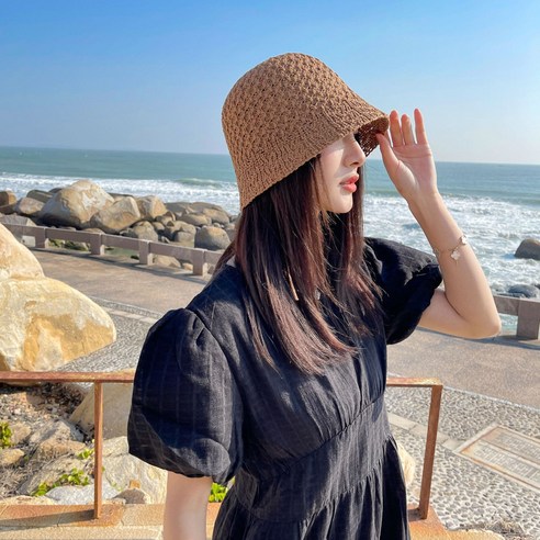 ONAKY 모자녀 봄 여름 심플한 어부 모자 ins 펀칭 통기 니트 물통 모자 패션 비치 썬탠 햇볕 차단 모자, 카키