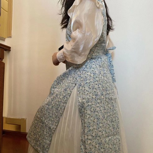 면 마 앞치마 패션 원피스 베이킹 미술 네일아트 작업복 턱받이, 플라워 블루