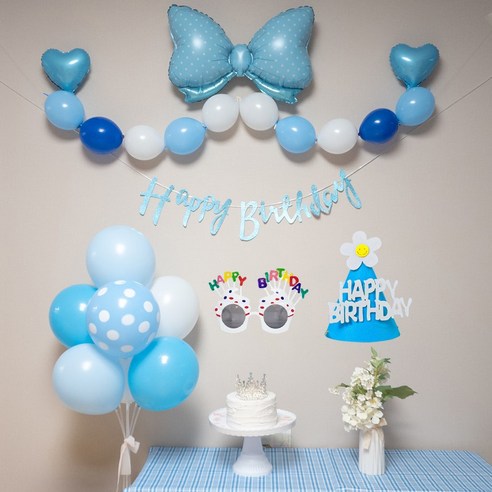 연지마켓 생일풍선 생일파티용품 리본풍선 세트, 블루 기본 세트