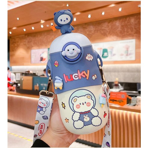[LM] 500ml Kawaii 토끼 보온병 귀여운 스테인레스 스틸 보온병 물병 빨대와 절연 차가운 음료 컵, Blue B