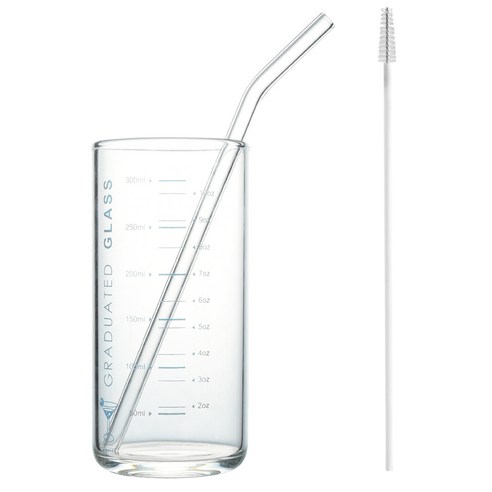 300ml 눈금잔 쥬스밀크 글라스컵 컵홀더 컵 브러쉬, 블루 눈금