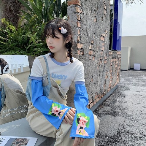 ZZJJC 루즈핏 쿨토시 자외선 차단제 얇은 프린트 쿨토시여자, 블루 요정