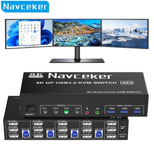 트리플 모니터 DP KVM 스위치 4:3 KVM-TRIPLE 4K 144Hz 듀얼 모니터 확장 디스플레이 8K USB KVM 스위처 4 대 컴퓨터용 4 인 3 아웃, ZY-SK903