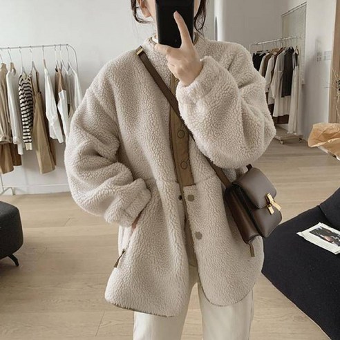 KORELAN 램스울 코트 여 겨울 루즈핏 차이나넥 디자인 스몰 감령 플러스옷감