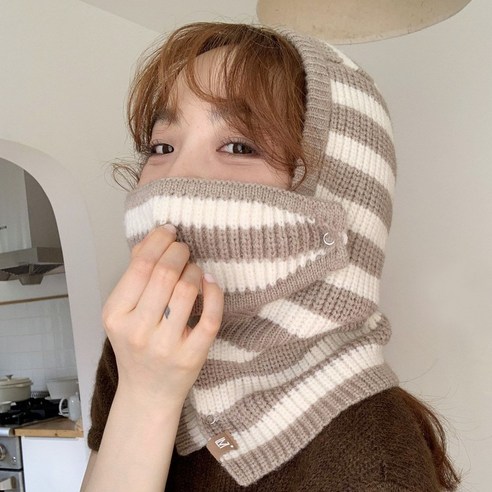 레니카 니트 바라클라바 후드 넥워머 겨울 방한 발라클라바 모자, 베이지