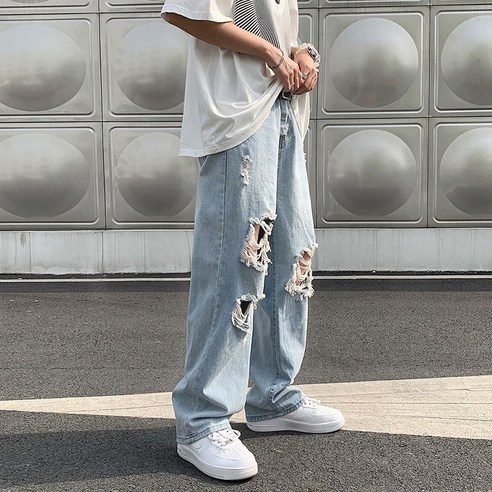 남성 여름 와이드 데님팬츠 데미지 워싱 오버핏 캐주얼 청바지 인어미남 Men''s jeans