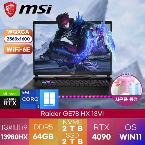 MSI 노트북 Raider GE78 HX 13VI WIN11 게이밍 고성능 노트북, WIN11 Pro, 64GB, 4TB, 코어i9, 블랙