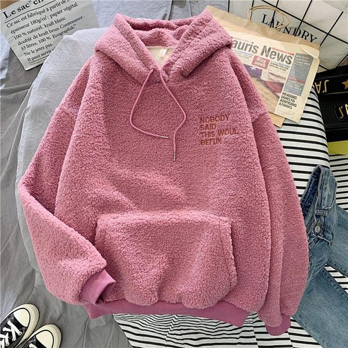 [ZL] 가을 겨울 코트 귀여운 핑크 후드 죄송합니다 프린트 하라주쿠 루즈한 포켓 후드 여성 양털 플란넬 풀오버 여성용 스웨터 셔츠