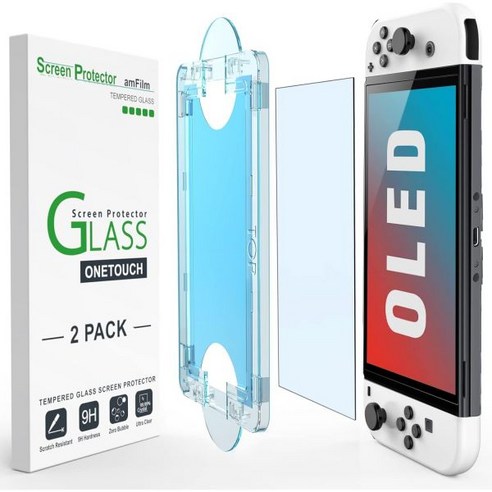 2021년 닌텐도 스위치 OLED 모델용으로 설계된 amFilm OneTouch Screen Protector 자동 정렬 키트 버블 프리 유리 2팩 포함 2021년 닌텐도 스위치 OLED 모델용으로 설계된 amFilm OneTouch Screen Protector 자동 정렬 키트 버블 프리 유리 2팩 포함