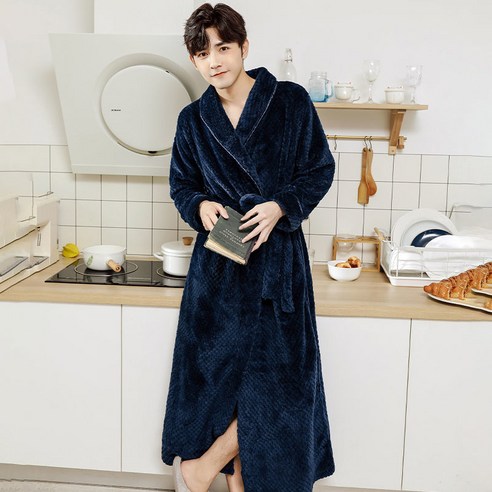 DFMEI-Y 잠옷 여성의 가을과 겨울 긴 산호 양털 플러스 벨벳 두꺼운 커플 목욕 가운 플란넬 남자 잠옷 겨울 홈 착용, {"패션의류/잡화 사이즈":"M 적합 [160cm -120kg]"}, DFMEI 다크 블루 [] 허리 플란넬