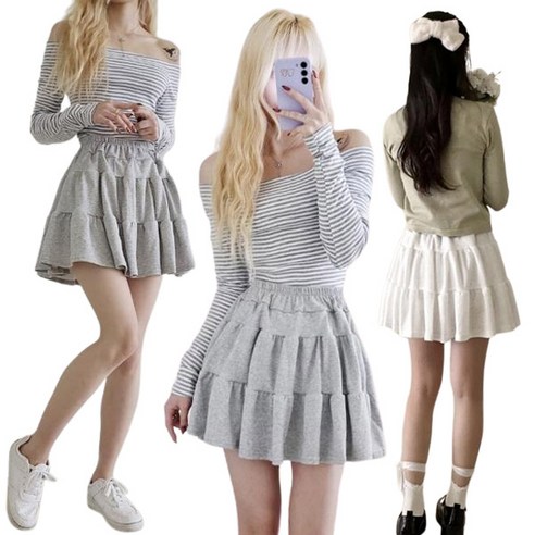 귀여운 무지 발레코어와 깜찍한 이프캉캉 면 미니스커트의 데일리 캐쥬얼 조합 캉캉미니스커트