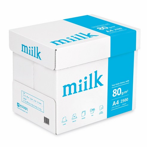 Miilk A4용지 80g 1박스(2500매) 밀크 11203467 A4 복사용지, Miilk A4용지 80g 1박스(2500매) 밀크 1